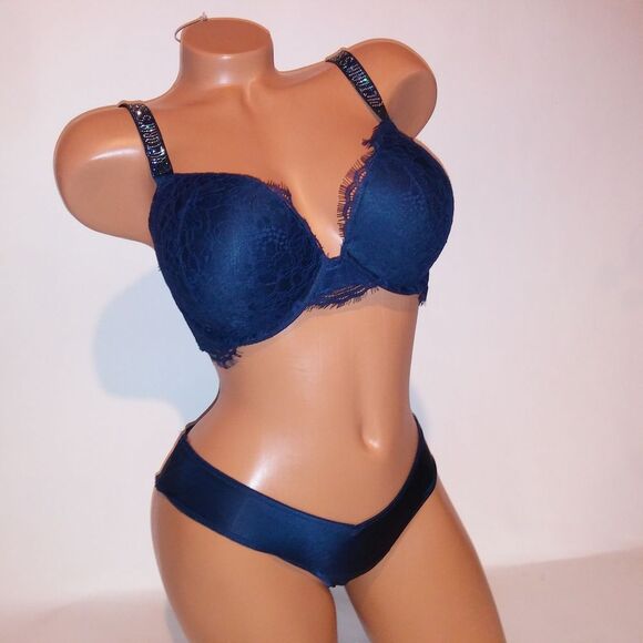 Victoria Secret Bra Set 32DD Push Up XS Cheeky Panty Navy Blue Shine Strap Lace